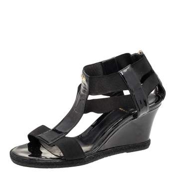 Pre Owned Fendi Black Patent Leather And Elastic T-Strap Espadrille Wedge Sandals Size 36.5