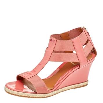 Pre Owned Fendi Pink Patent Leather And Elastic T-Strap Espadrille Wedge Sandals Size 36.5