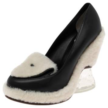 Pre Owned Fendi Black/Beige Leather And Shearling Wedge Pumps Size 40
