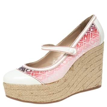 Pre Owned Fendi White/Pink Printed Leather Espadrille Platform Wedge Mary Jane Pumps Size 39