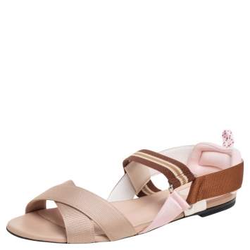Pre Owned Fendi Brown/Beige Fabric Colibri Slingback Flat Sandals Size 38