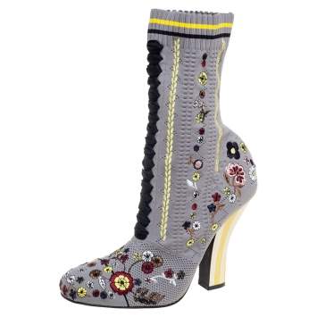 Pre Owned Fendi Grey Floral Embroidered Knit Fabric Sock Ankle Boots Size 40
