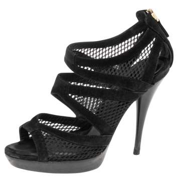 Pre Owned Fendi Black Suede And Mesh Cage Open-Toe Platform Sandals Size 37.5
