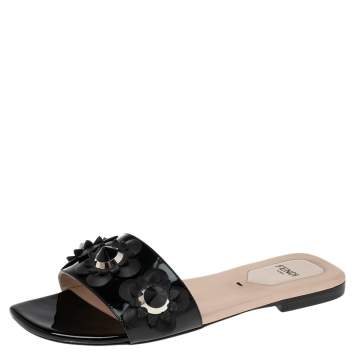 Pre Owned Fendi Black Patent Leather Flowerland Embellished Flat Slides Size 36