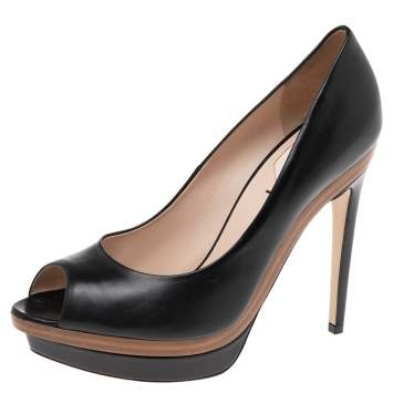 Pre Owned Fendi Coral Black Leather Fendista Peep Toe Platform Pumps Size 39