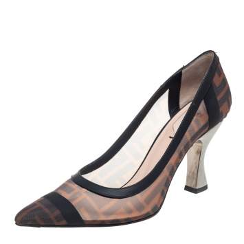 Pre Owned Fendi Brown/Black Zucca Mesh and Leather Colibri Pumps Size 39
