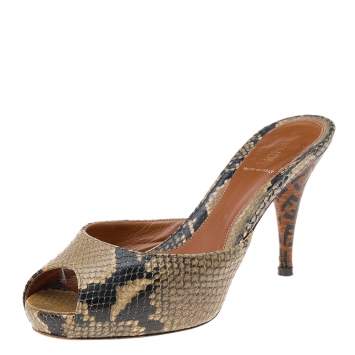 Pre Owned Fendi Beige/Black Python Embossed Leather Slide Platform Sandals Size 39