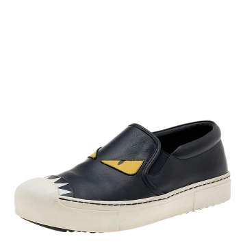 Pre Owned Fendi Black Leather Monster 3D Eyes Slip On Sneakers Size 38