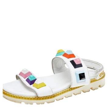 Pre Owned Fendi White Leather Fantasia Studded Flat Sandals Size 35