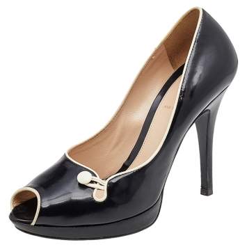 Pre Owned Fendi Black/White Leather Button Peep Toe Platform Pumps Size 38