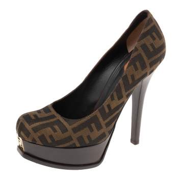 Pre Owned Fendi Tobacco Zucca Canvas Fendista Platform Pumps Size 40