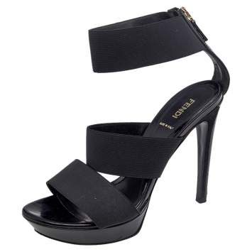 Pre Owned Fendi Black Stretch Band And Leather Strappy Ankle Cuff Sandals Size 39