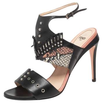 Pre Owned Fendi Black Studded Leather Rocker Bug Ankle-Strap Sandals Size 38