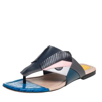 Pre Owned Fendi Multicolor Leather And Lizard Embossed Leather Bug Monster Thong Sandals Size 38