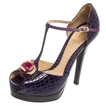 Pre Owned Fendi Purple Croc Embossed Leather T Strap Platform Sandals Size 38.5