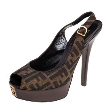 Pre Owned Fendi Tobacco Zucca Canvas Fendista Platform Slingback Sandals Size 41