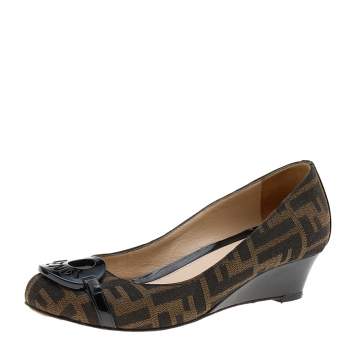 Pre Owned Fendi Brown Canvas And Patent Leather Wedge Sandals Size 36