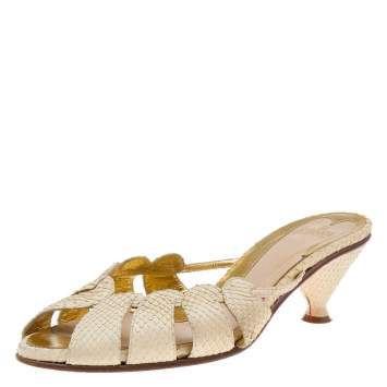 Pre Owned Fendi Cream Python Slide Sandals Size 40.5