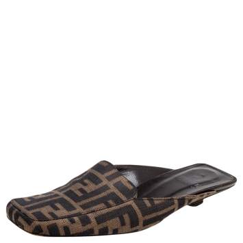 Pre Owned Fendi Brown FF Canvas Freedom Flat Mules Size 38