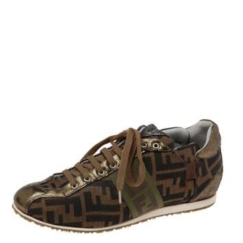 Pre Owned Fendi Brown Canvas FF Logo Lace Up Sneakers Size 38
