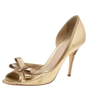 Pre Owned Fendi Gold Leather Bow Pumps Size38.5 