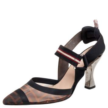 Pre Owned Fendi Black/Tobacco Zucca Mesh and Fabric Colibrì Slingback Pumps Size 37.5