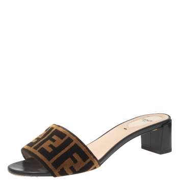 Pre Owned  Fendi Brown/Black Zucca Velvet Open-Toe Slide Sandals Size 37.5