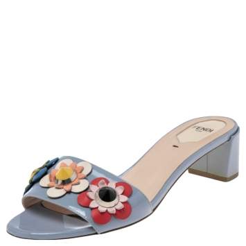 Pre Owned Fendi Blue Patent Leather Embellished Slide Sandals Size 38