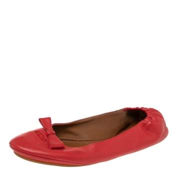 Pre Owned Fendi Coral Red Leather Bow Scrunch Ballet Flats Size 38.5