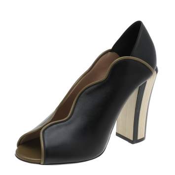 Pre Owned Fendi Black/Olive Green Wave Leather Block Heel Peep Toe Pumps Size 37