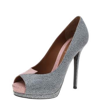 Pre Owned Fendi Pink/Blue Textured Leather Peep Toe Platform Pumps Size 40