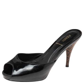 Pre Owned Fendi Black Patent Leather FF Superstar Peep-Toe Mules Size 36