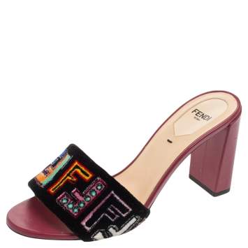 Pre Owned Fendi Multicolor Velvet FF Logo Slip On Slides Size 37