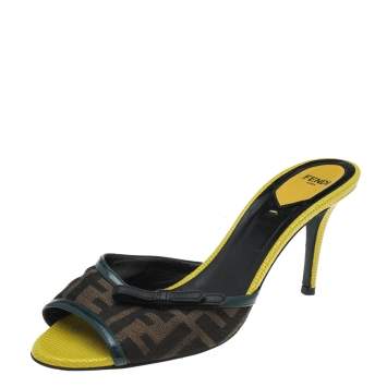 Pre Owned Fendi Multicolor Zucca Canvas And Patent Leather Trim Bow Slide Sandals Size 39