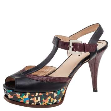 Pre Owned Fendi Black/Burgundy Lizard Embossed And Leather Fendista Platform Sandals Size 40