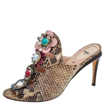 Pre Owned Fendi Beige/Brown Python Flowerland Embellished Slide Sandals Size 40
