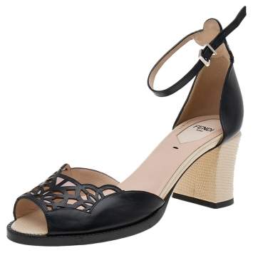 Pre Owned Fendi Black Leather Laser Cut Leather Chameleon Ankle Strap Sandals Size 38.5