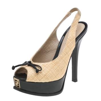 Pre Owned Fendi Beige Woven Raffia Fendista Bow Platform Slingback Sandals Size 37
