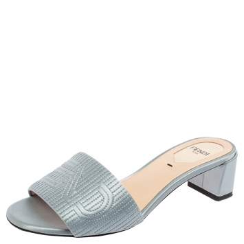 Pre Owned Fendi Blue Satin Logo Embroidered Block Heel Slides Size 35