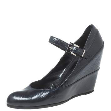 Pre Owned Fendi Navy Blue Textured Patent Leather Mary Jane Wedge Pumps Size 39