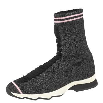 Pre Owned Fendi Black/Silver Glitter Knit Fabric High-Top Sock Sneakers Size 38
