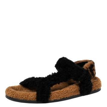 Pre Owned Fendi Brown/Black Shearling Fur Ankle Strap Flat Sandals Size 41