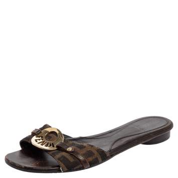 Pre Owned Fendi Brown Canvas And Leather Open Toe Slide Sandals Size 37