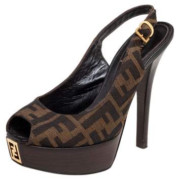 Pre Owned Fendi Tobacco Zucca Canvas Fendista Platform Slingback Sandals Size 37