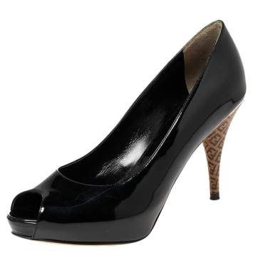 Pre Owned Fendi Black Patent Leather Zucca Print Heel Peep-Toe Platform Pumps Size 37.5