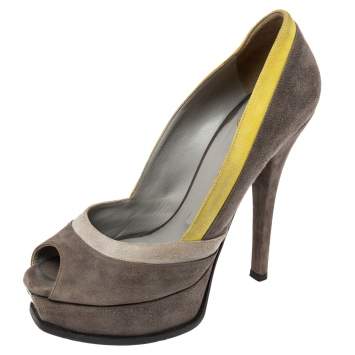 Pre Owned Fendi Grey/Yellow Suede Fendista Peep Toe Platform Pumps Size 39