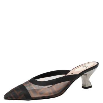 Pre Owned Fendi Beige/Black Net Colibrì FF Motif Mule Sandals Size 36