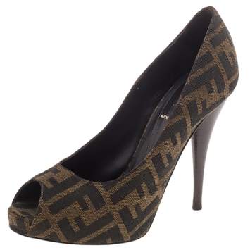 Pre Owned Fendi Brown Zucca Canvas Peep Toe Pumps Size 37.5