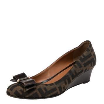 Pre Owned Fendi Brown FF Canvas And Leather Bow Wedge Pumps Size 37.5