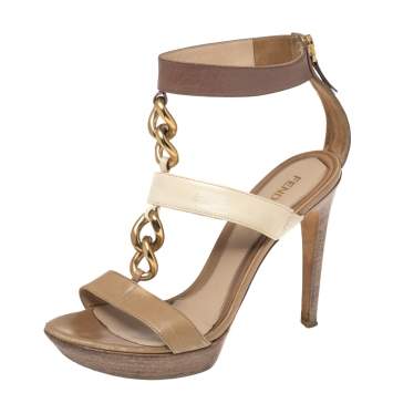 Pre Owned Fendi Beige/Brown Leather Chain Ankle Strap Sandals Size 38